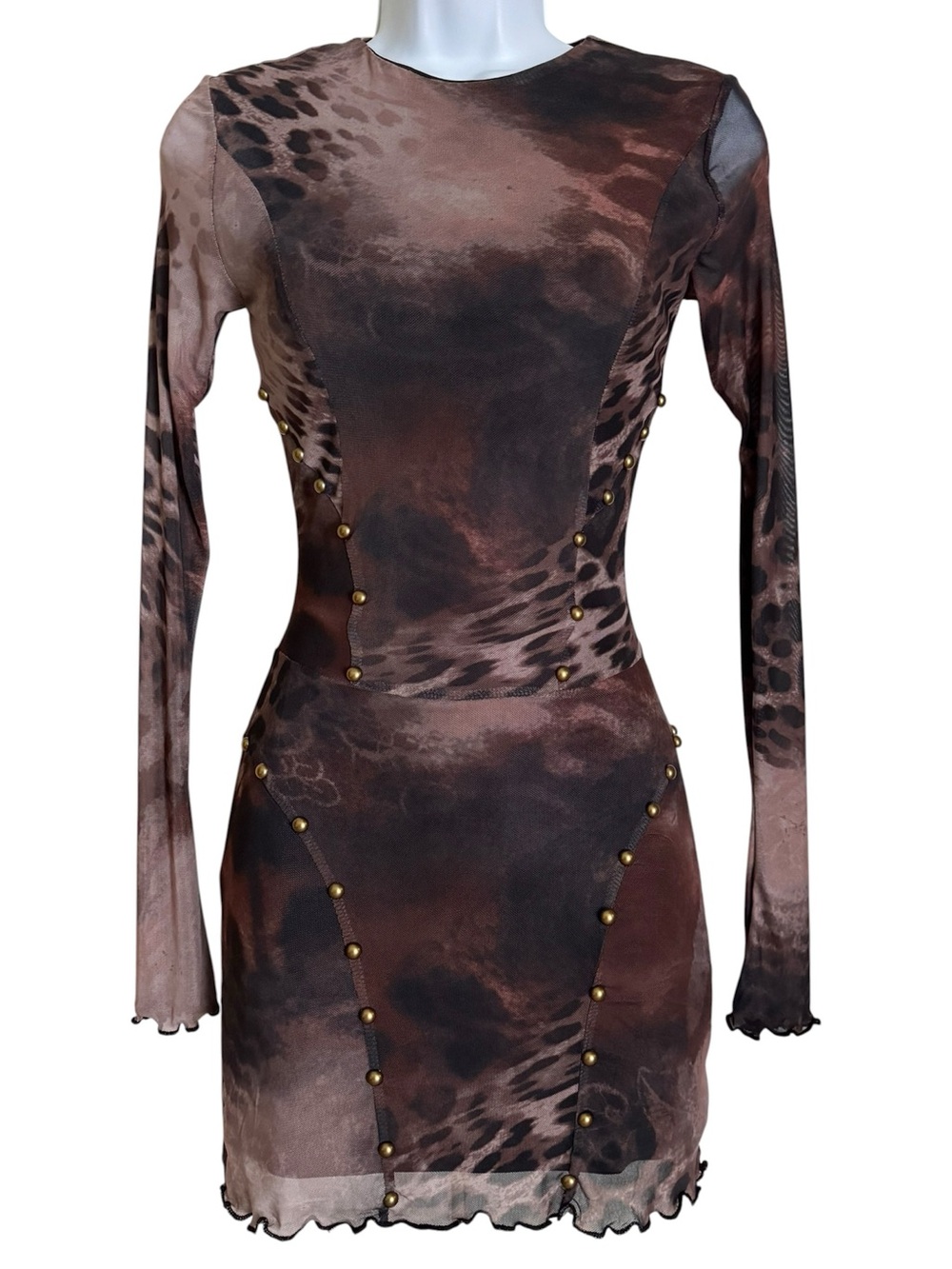 NWT Windsor Brown Leopard Cheetah Mesh Studded Long Sleeve Mini Dress XS